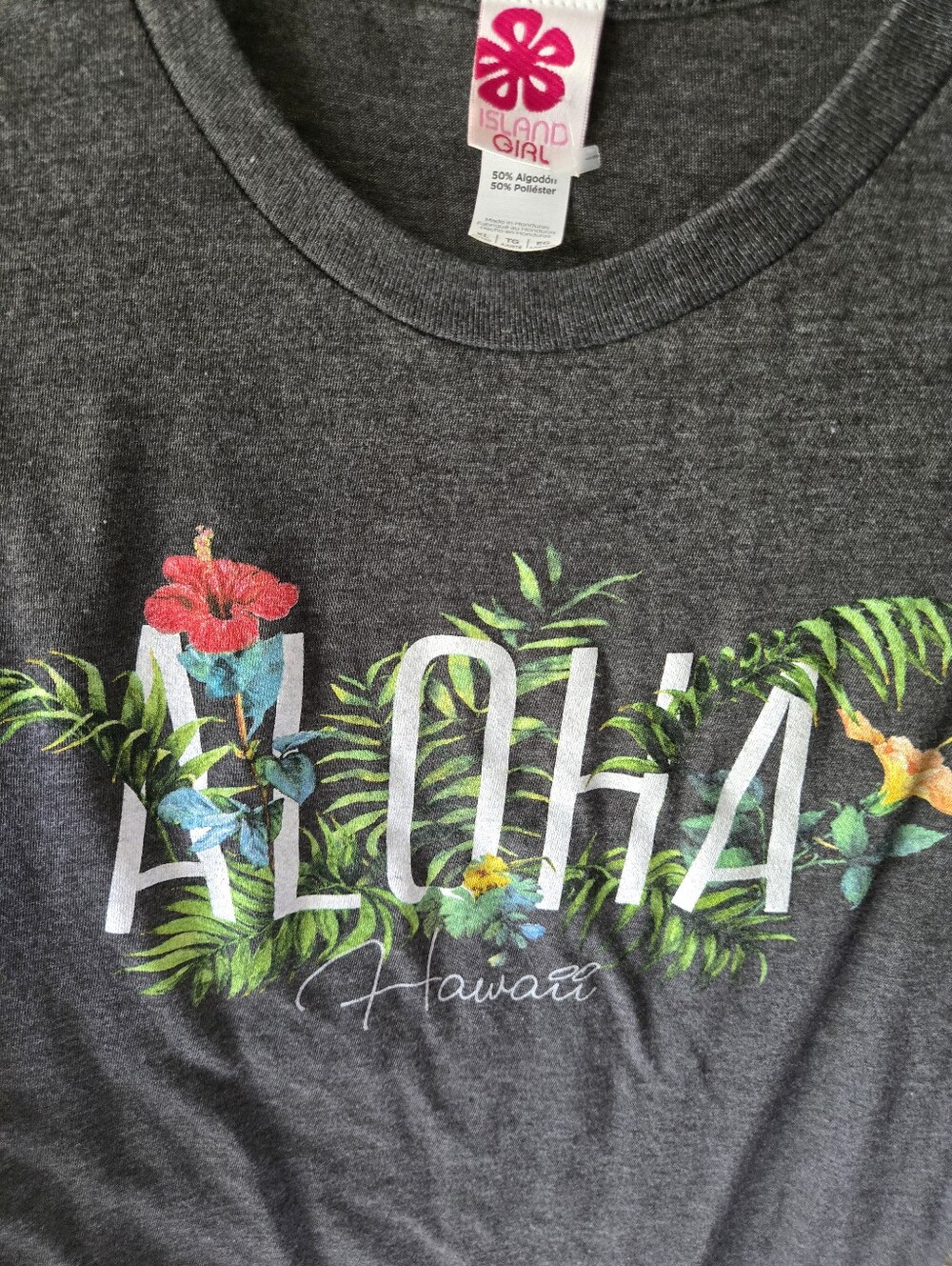Island Girl Aloha Hawaii Floral  Logo Charcoal Gray Junior XL